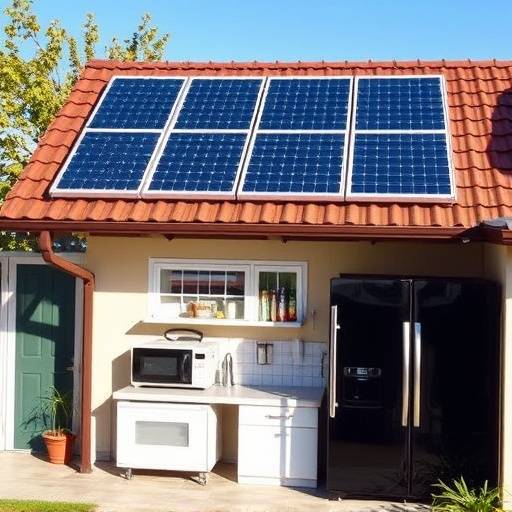 Paneles solares en el techo de una casa alimentando electrodom&eacute;sticos de cocina energ&eacute;ticamente eficientes.