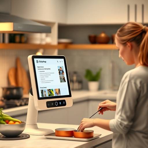 Un asistente de cocina con IA mostrando una receta en una pantalla, con una persona cocinando junto a &eacute;l.