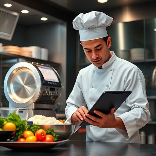 Un chef usando una tableta para seguir una receta en una cocina de alta tecnolog&iacute;a
