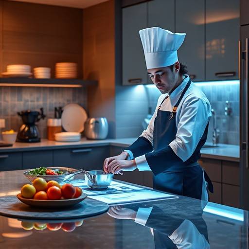 Una asistente de cocina virtual proyectada en una encimera interactiva ayudando a un chef a preparar una receta.