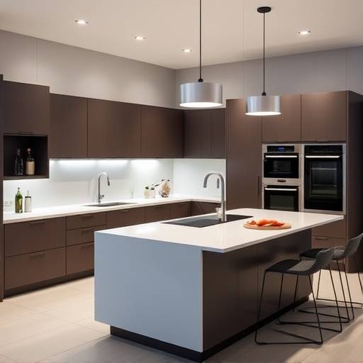 Una moderna cocina inteligente con electrodom&eacute;sticos integrados y una isla central