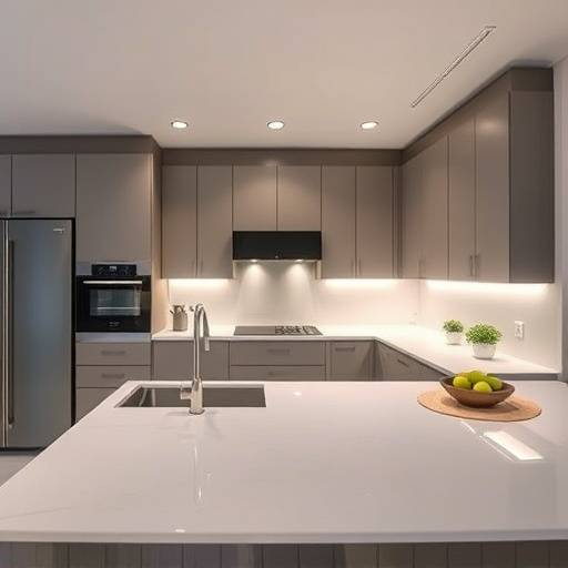 Una moderna cocina inteligente con iluminaci&oacute;n LED y encimeras de cuarzo.