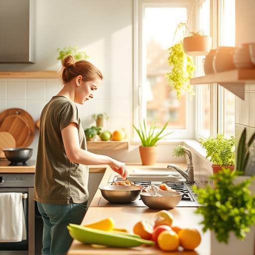 Una persona cocinando en una cocina con electrodom&eacute;sticos de bajo consumo energ&eacute;tico y paneles solares en el techo.